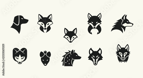 Photography Set of stylized animal heads icons, dog, fox, wolf, hyena, vector art