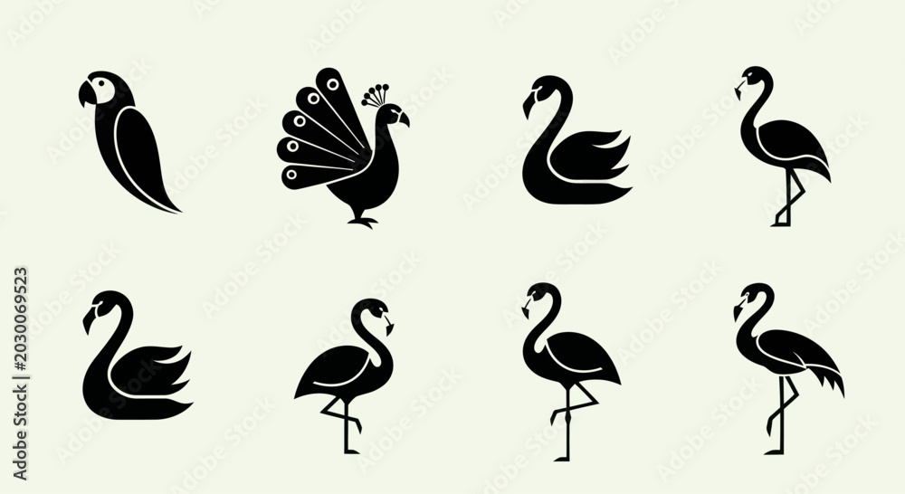 Fototapeta premium Set of stylized bird icons: parrot, peacock, swans, flamingos