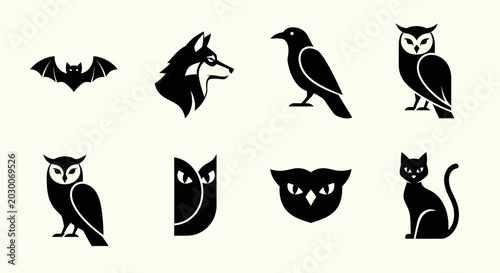 Canvas Print Set of stylized black animal icons: owl, bat, fox, crow, cat