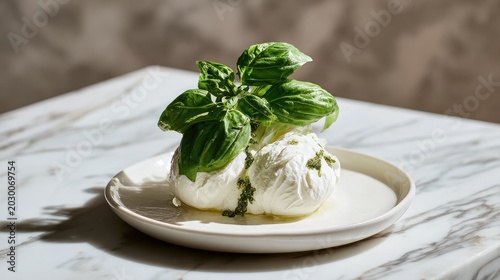 Creamy burrata and fresh basil sit on a white marble table.