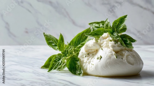 Creamy burrata and fresh basil sit on a white marble table.