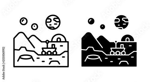 Foto Mars Exploration Icons, Space Rover and Planets, Cosmic Landscape Vector Set