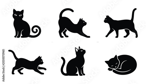 Photos Black Cat Silhouettes Vector Set: Feline Poses, Domestic Animals, Pet Icons, Cut