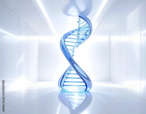 Gleaming blue helix suspended in a bright, futuristic, sterile, reflective hall