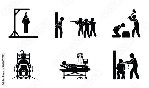 Photos Execution Methods Icons Set, Capital Punishment Pictograms, Lethal Injection, Fi