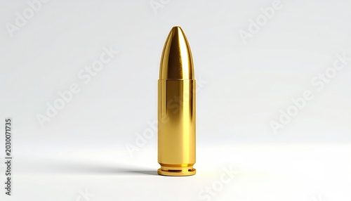 Gleaming brass cartridge with pointed projectile, isolated on a clean white background