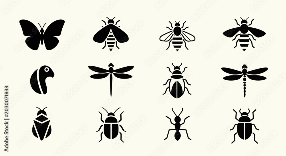 Fototapeta premium Set of insect icons and symbols in silhouette style, vector illustration