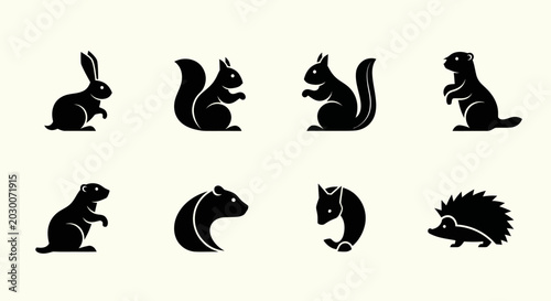 Photography Set of forest animal silhouettes, vector icons: rabbit, squirrel, bear, hedgehog