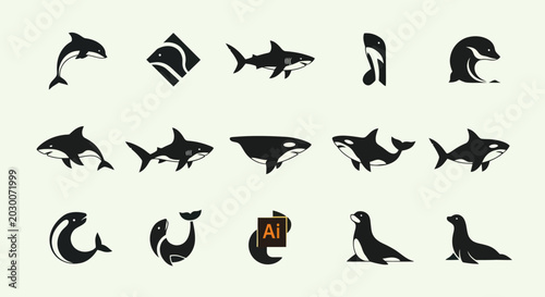 Photography Set of Marine Animal Icons: Dolphin, Shark, Orca, Seal, Abstract Shapes