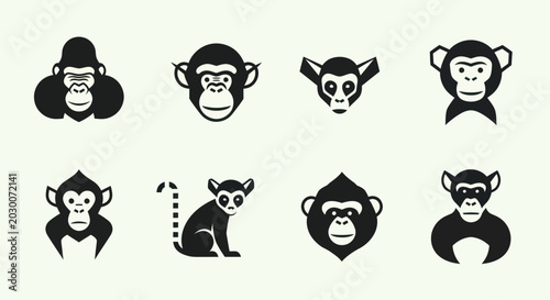 Photography Set of Monkey Icons and Silhouettes, Primate Animal Collection
