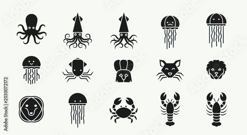 Photography Set of Ocean Animal Icons: Octopus, Squid, Jellyfish, Crab, Lobster, Fox, Lion