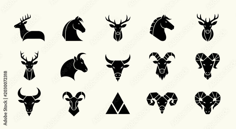 Fototapeta premium Set of stylized animal head icons: deer, horse, bull, ram, goat, abstract shapes