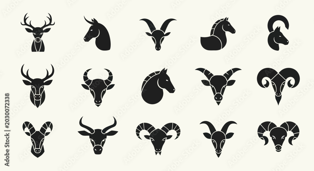 Obraz premium Set of stylized animal head icons: deer, horse, goat, ram, bull, antelope silhouettes