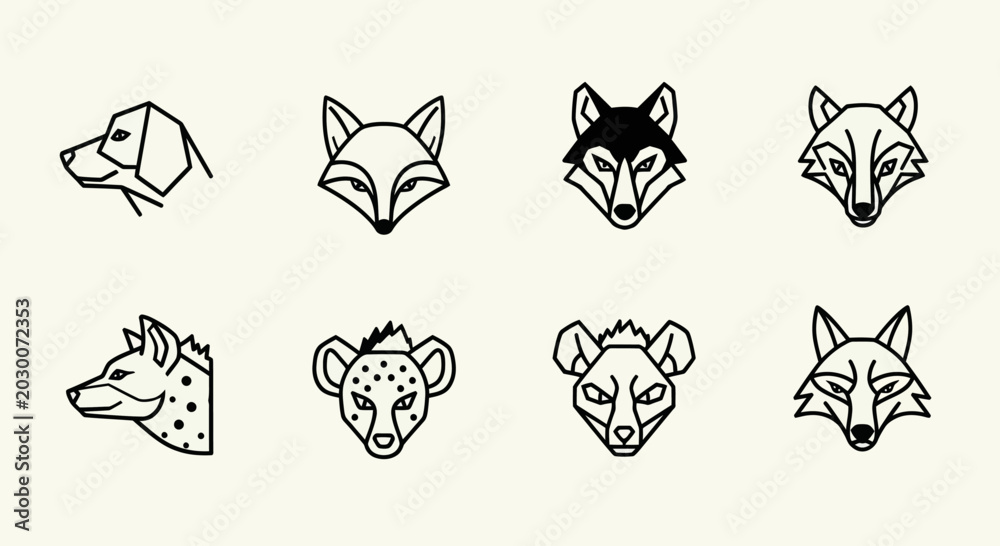 Fototapeta premium Set of stylized animal head icons: dog, fox, wolf, hyena, black wolf