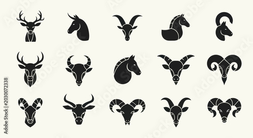 Photography Set of stylized animal head icons: deer, horse, goat, ram, bull, antelope silhou