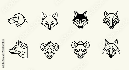 Canvas Print Set of stylized animal head icons: dog, fox, wolf, hyena, black wolf