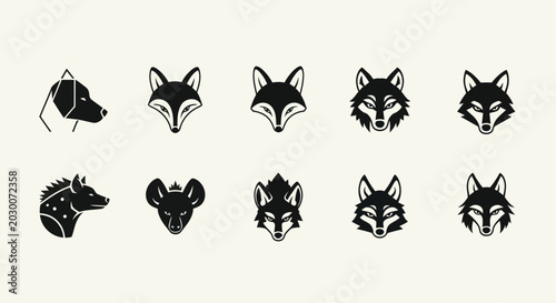 Photography Set of stylized animal head icons: dog, fox, wolf, hyena, isolated on light back
