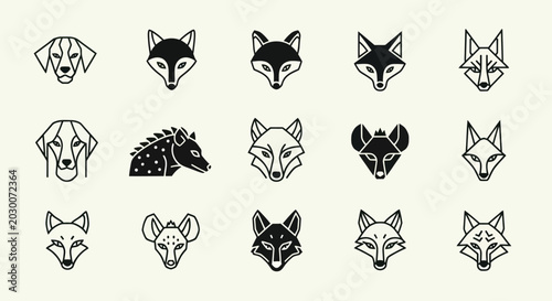Canvas Print Set of stylized animal head icons: dogs, foxes, hyenas, wolves in modern line art