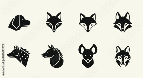 Canvas Print Set of stylized animal head icons: dog, fox, wolf, hyena, mouse
