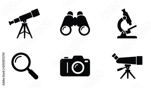 Cuadro en lienzo Scientific Discovery Icons: Telescope, Binoculars, Microscope, Magnifying Glass,