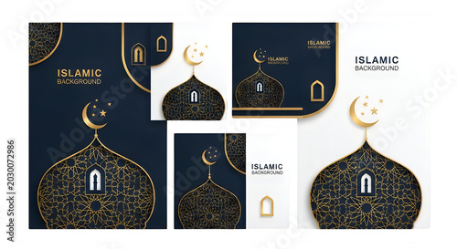 Islamic design elements featuring gold moon stars mosque domes and intricate patterns transparent background