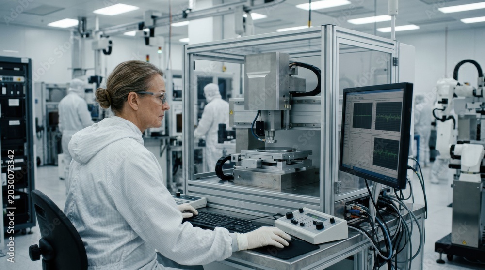 Fototapeta premium Engineer operating a scatterometry device examining line edge roughness variations on silicon wafers in a hightech cleanroom environment.