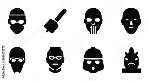 Photos Criminal Faces Vector Icons, Bandit Masks & Villain Heads Set, Dark Silhouette S