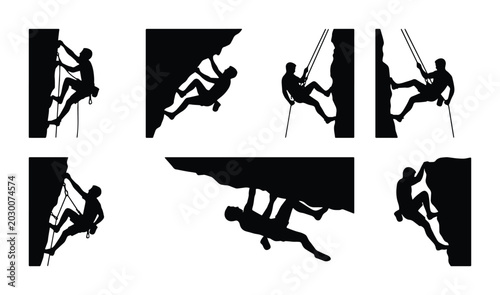 Bild auf Leinwand Rock Climbing Silhouettes, Mountain Ascent Icons, Extreme Sports Vector Set, Adv