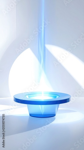 Illuminated blue platform with a beam of light ascending
