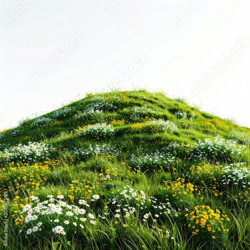 Lush green hill crowned with white and yellow wildflowers under a bright sky