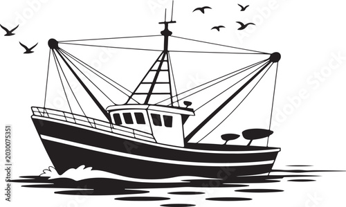 Fotografie boat fishing vessel vector line art sea waves seagull scene