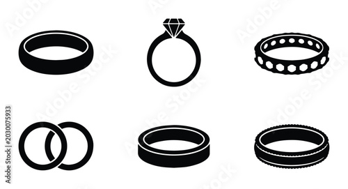 Schilderij op canvas Wedding Rings Icons Set, Engagement Ring Vector Graphics, Jewelry Symbols Collec