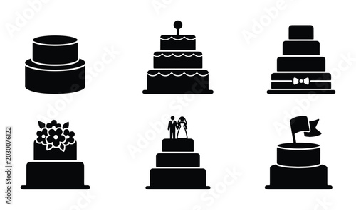 Fotografie Wedding Cake Icons Set, Celebration Dessert Vector Graphics, Sweet Treat Illustr