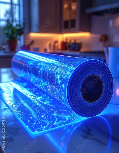 Illuminated roll of patterned blue film sits on a reflective surface