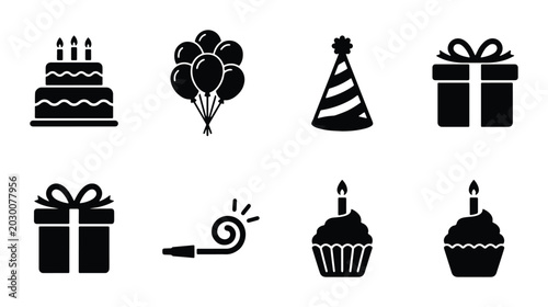 Konstfotografi Birthday Celebration Icons Vector Set: Cake, Balloons, Gifts, Party Hat, Noise M