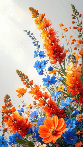 Vibrant bouquet of orange and blue wildflowers against a soft white background
