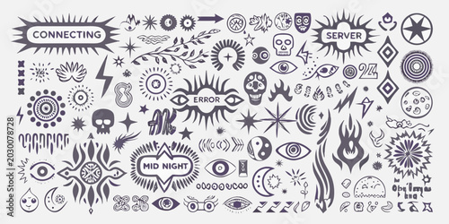 Foto collection of hand drawn y2k style tribal sigils and symbols