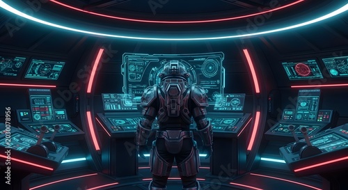 Futuristic soldier standing in a high tech spaceship cockpit with glowing digital control panels.