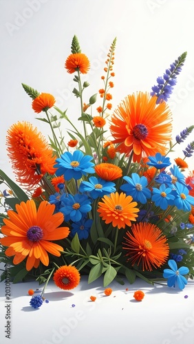 Vibrant orange and blue floral arrangement with green foliage