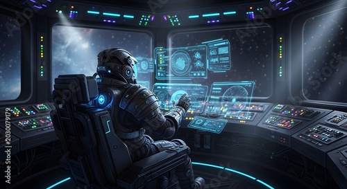 Astronaut sitting in a futuristic spaceship cockpit looking at digital holographic displays of deep space.