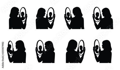 Cuadro en lienzo Woman Silhouette Reflection Mirror Icons, Self-Awareness Concept, Identity Explo