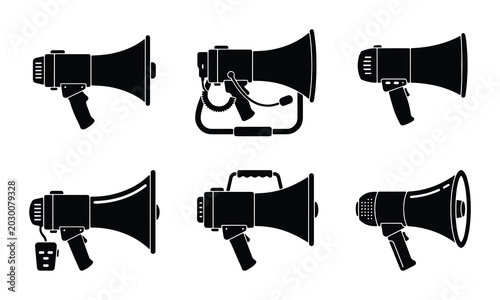 Photos Collection of Six Black Megaphone Icons, Amplification Devices, Communication To