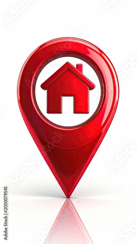 Glossy red map pin with house icon inside, isolated on white