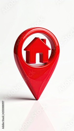 Glossy red map pin with house icon inside, on white reflective surface
