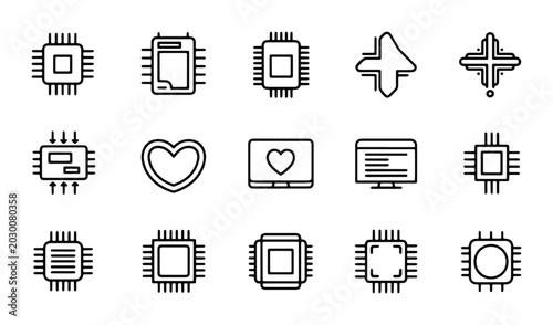 Konstfotografi Computer Chip Icons Set, Microprocessor Graphics, Technology Symbols, Circuit Bo