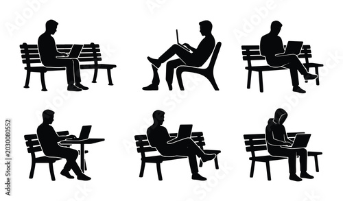 Canvastavla Silhouette Figures Using Laptops on Benches and Chairs, Vector Icons Set for Dig