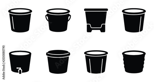 Tableau sur toile Collection of Black Bucket Icons, Various Shapes and Sizes, Vector Graphics for
