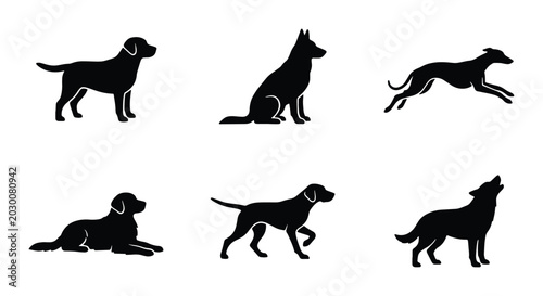 Tableau sur toile Diverse Dog Breeds Silhouettes Collection, Canine Poses Vector Set, Animal Graph