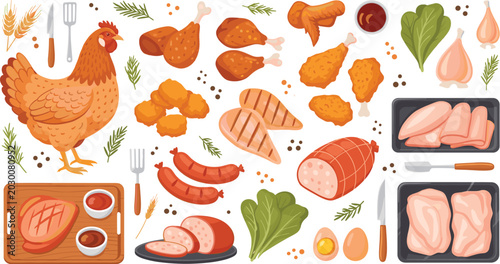 Bilde på lerret Chicken meat products collection vector illustration featuring fried grilled raw