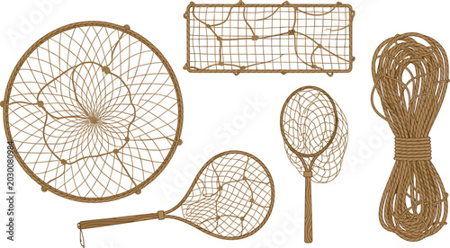 Photos Fishing net equipment vector illustration collection featuring rope nets, trap m